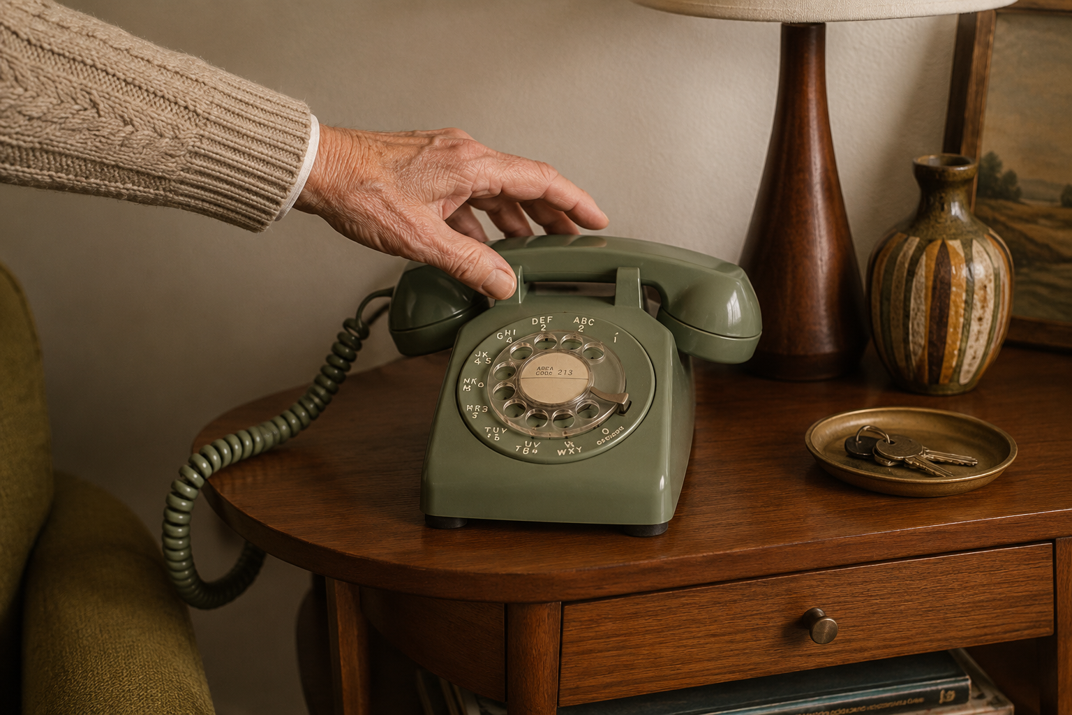 A hand reaching for a vintage telephone.